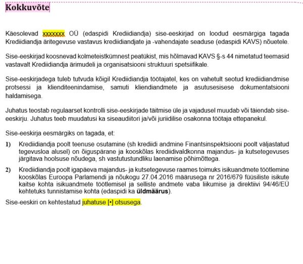 Krediidiandja tegevusloa sise-eeskirjad_põhi_kokkuvõte