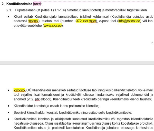 Krediidiandja tegevusloa sise-eeskirjad_põhi_krediidiandmise kord