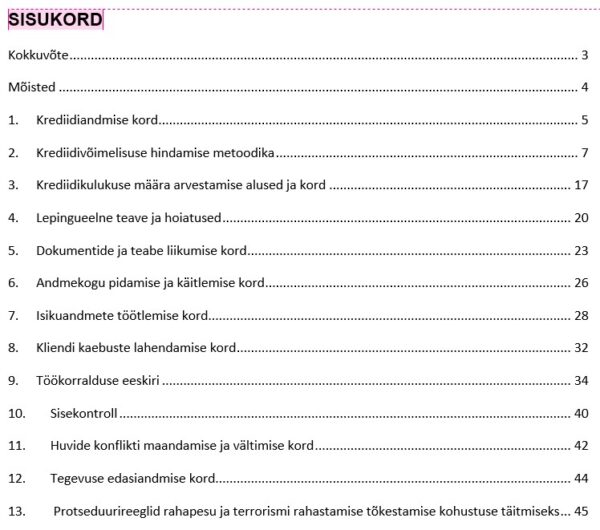 Krediidiandja tegevusloa sise-eeskirjad_põhi_sisukord